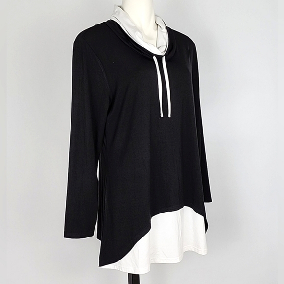 Papa Cowl Neck  Black White Layered Long Sleeves Tunic Top Bamboo Drapy Size L - Picture 2 of 11